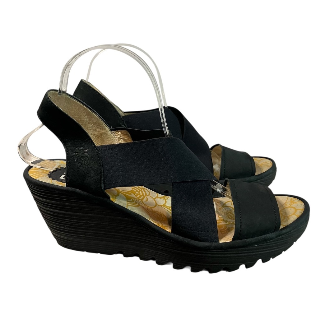 Fly London Black Elastic Wedge Sandals Cross Strap P500888000 Size 41 Mens